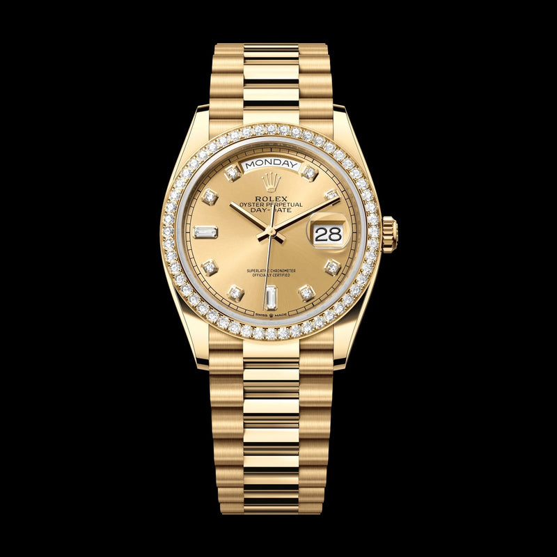 Rolex Day-Date 36 mm Champagne-Colour Set With Diamonds Dial 18k Yellow Gold President Bracelet 128348rbr-0008