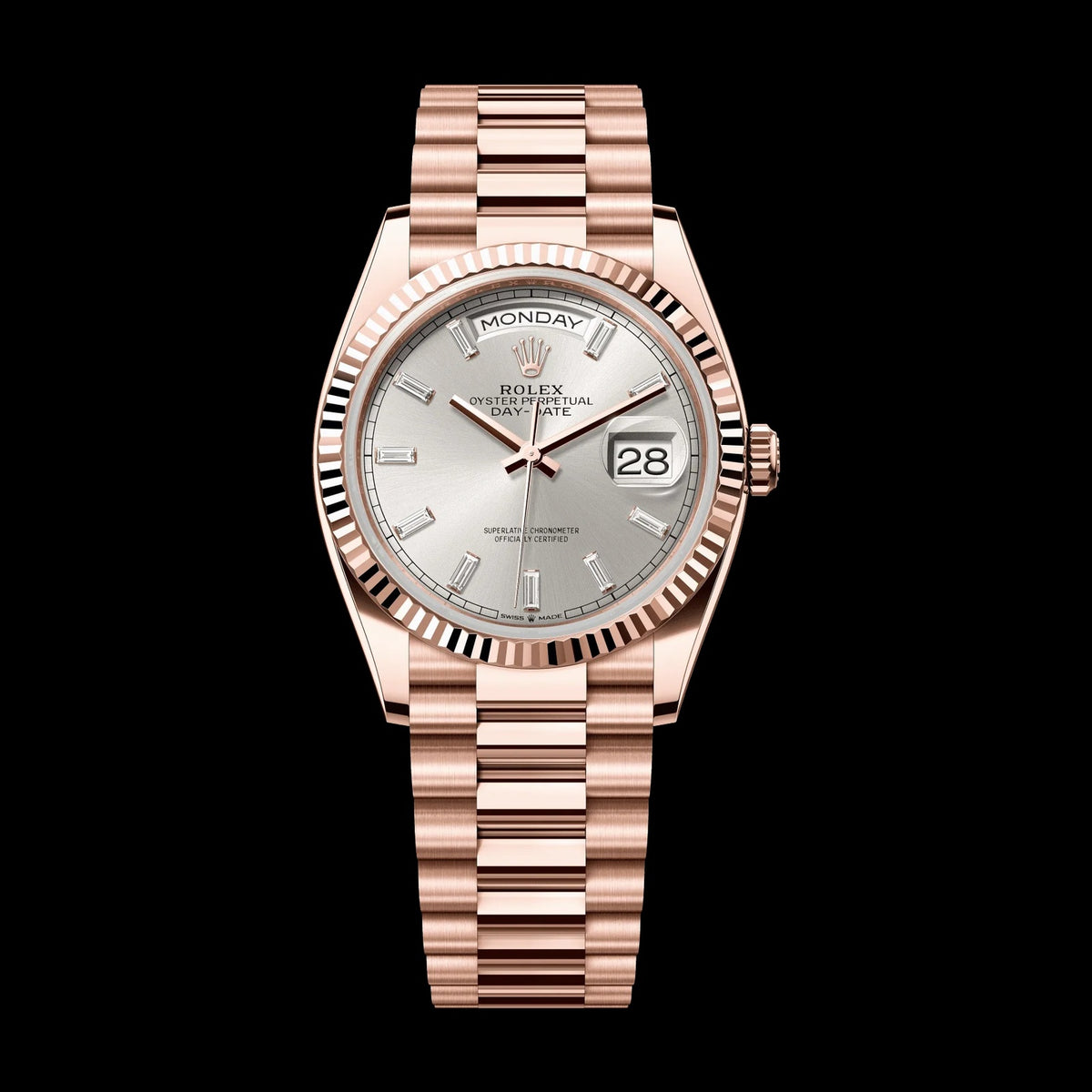 Rolex Day-Date 36 mm Silver Set With Diamonds Dial 18 kt Everose Gold President Bracelet 128235-0087
