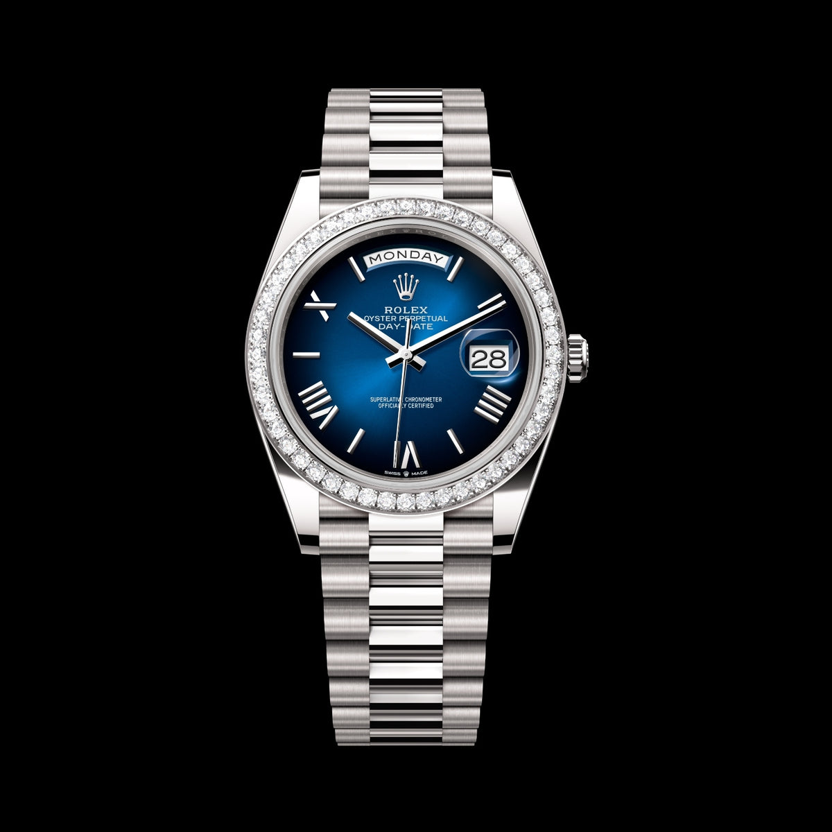 Rolex Day-Date 40 228349RBR-0045 18k White Gold Blue Ombré Roman Dial President Bracelet
