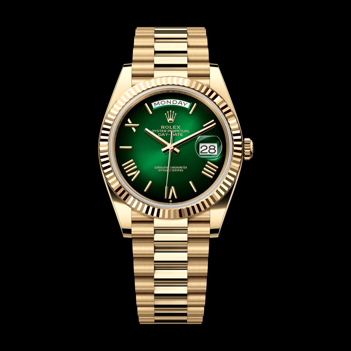 Rolex Day-Date 40 mm Green Ombre Dial 18k Yellow Gold President Bracelet 228238-0069