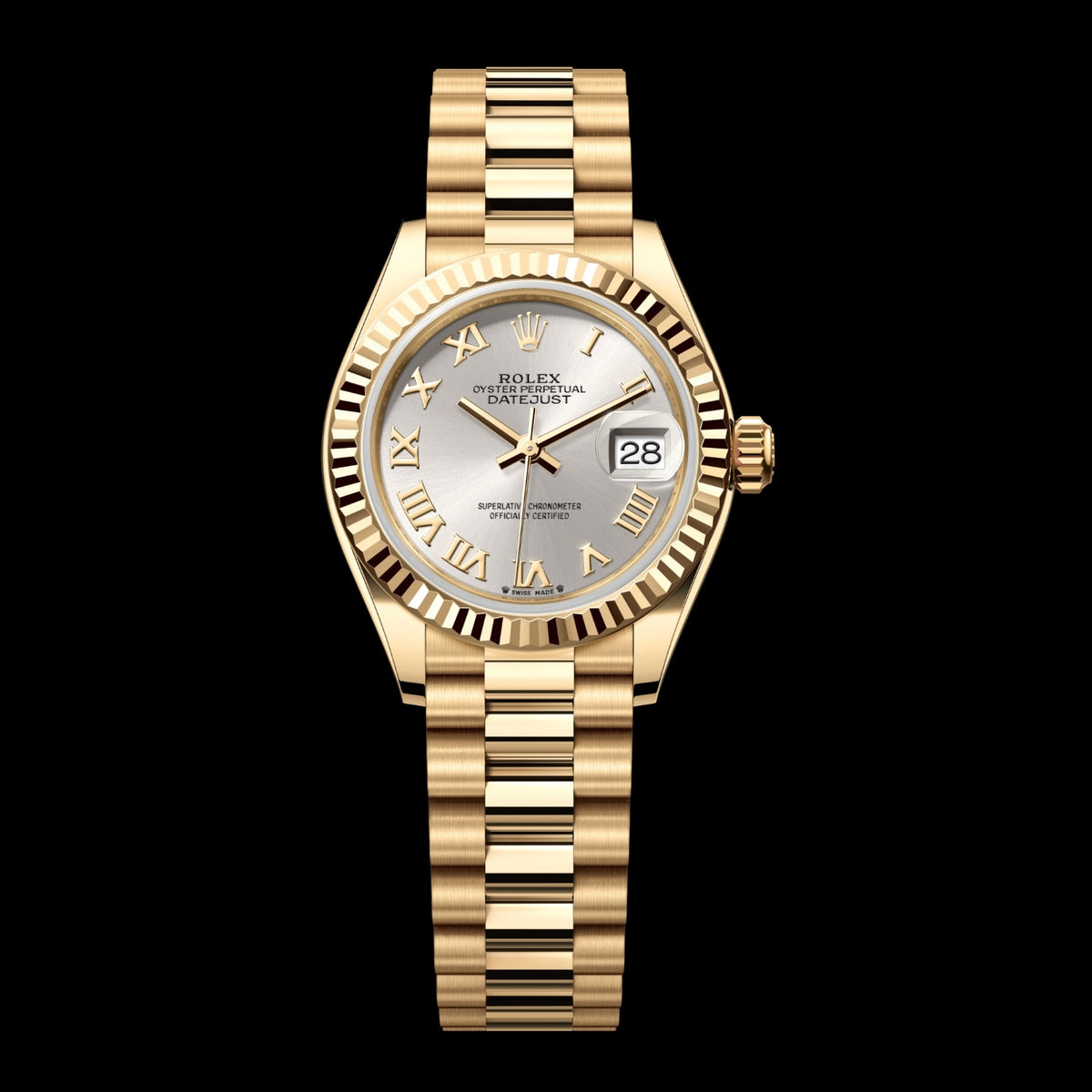 Rolex Lady-Datejust 28 279178-0020 18k Yellow Gold Silver Roman Dial President Bracelet