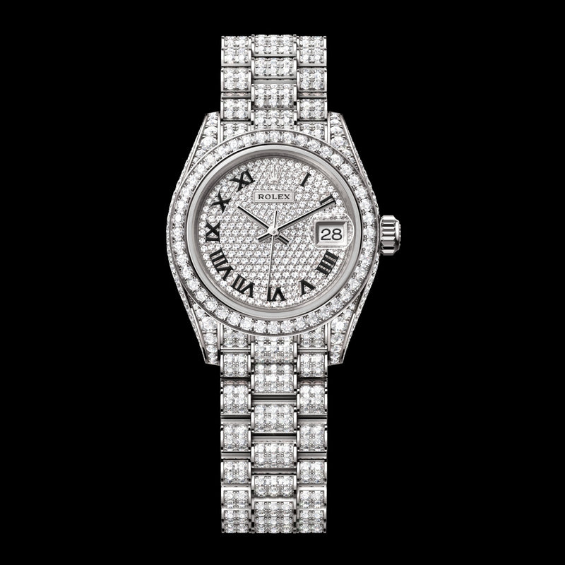 Rolex Lady-Datejust 28 279459RBR-0001 18k White Gold Diamond-Paved Roman Dial Diamond-Paved President Bracelet