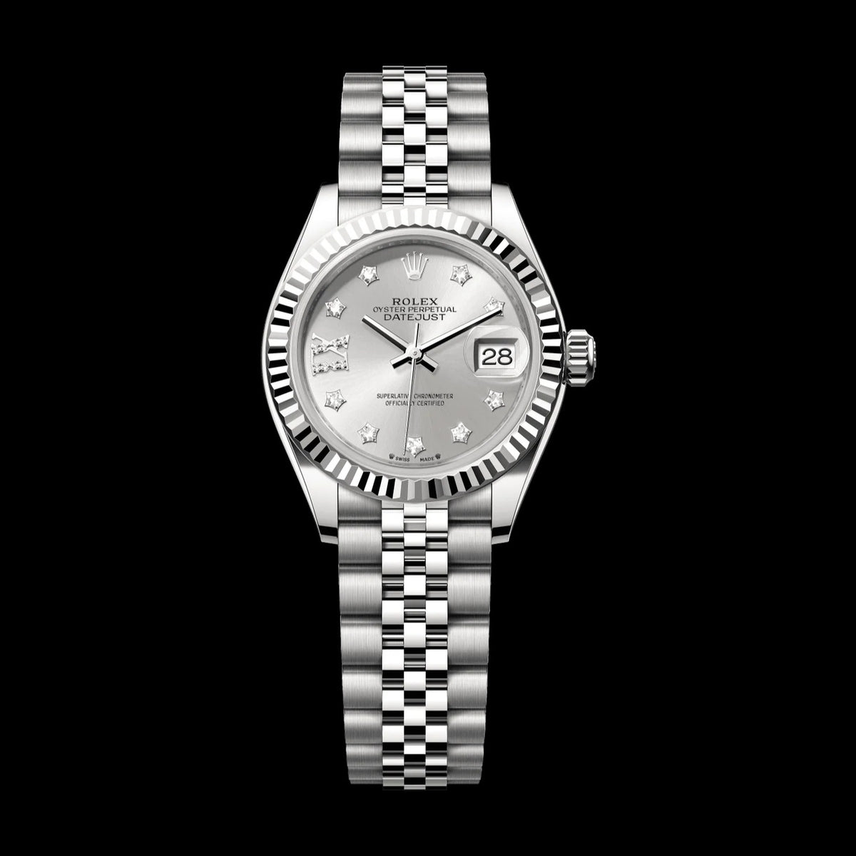 Rolex Lady-Datejust 28 mm Silver Set With Diamonds Dial Oystersteel and White Gold Jubilee Bracelet 279174-0021