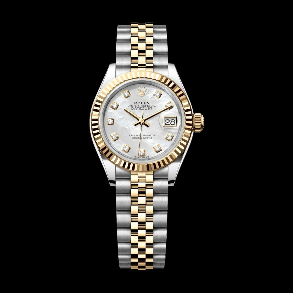 Rolex Lady-Datejust 28 mm White Mother-Of-Pearl Set With Diamonds Dial Oystersteel and 18k Yellow Gold Jubilee Bracelet 279173-0013