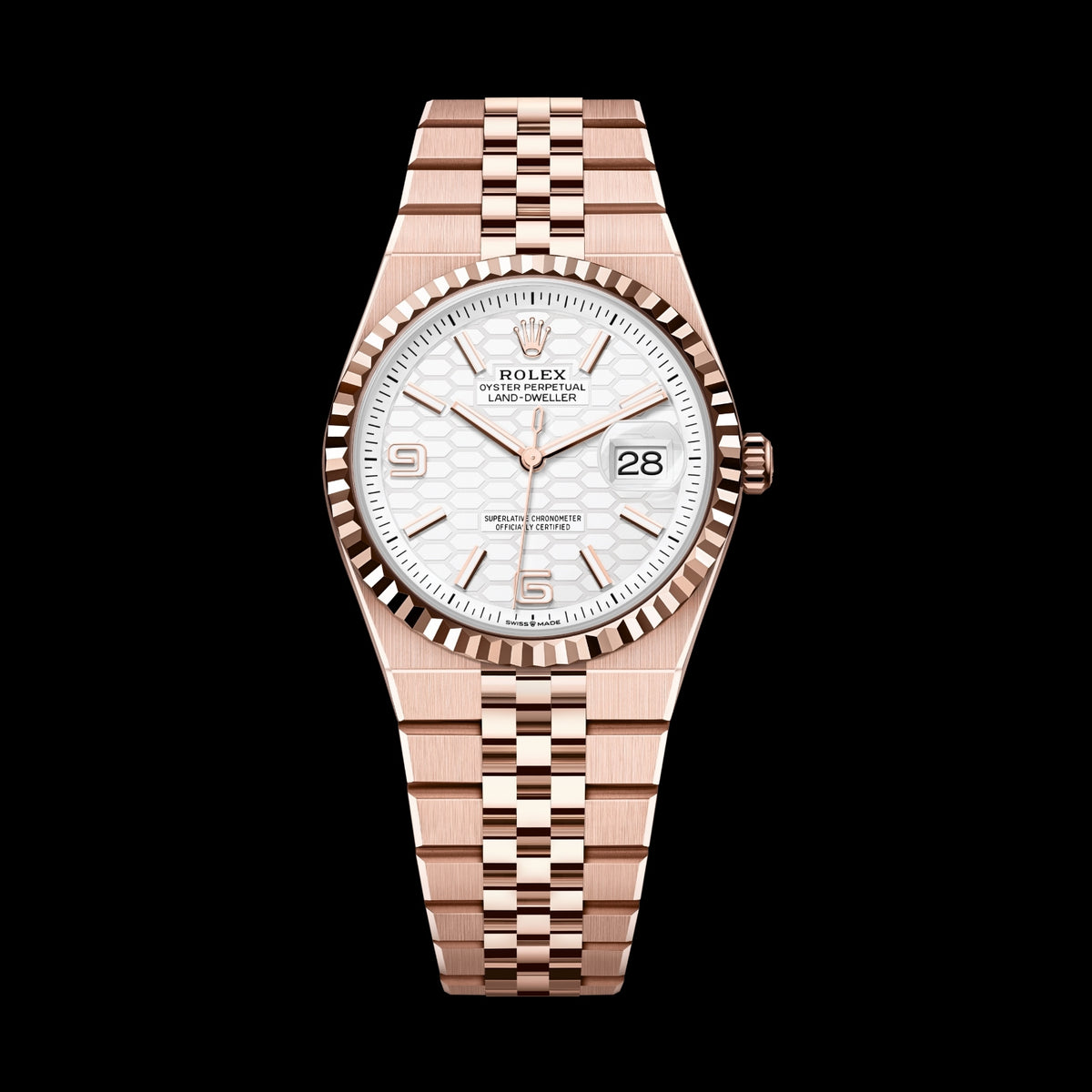 Rolex Land-Dweller 36 127235-0001 18k Everose Gold Intense White Honeycomb Dial Flat Jubilee Bracelet