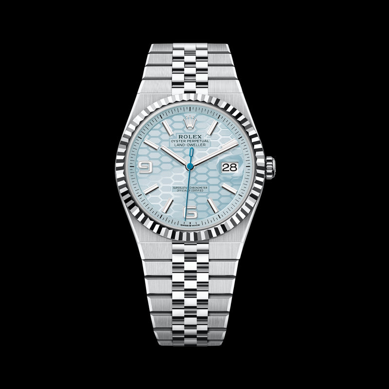 Rolex Land-Dweller 40 127336-0001 950 Platinum Ice Blue Honeycomb Dial Flat Jubilee Bracelet