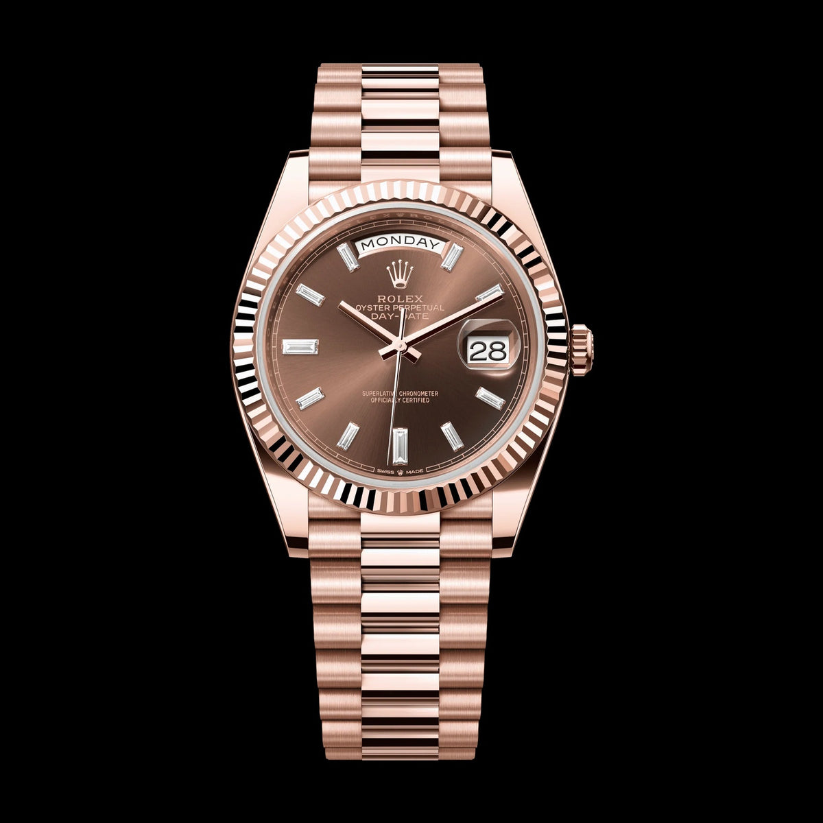 Rolex Oyster 40 mm Chocolate Set With Diamonds Dial 18 kt Everose Gold President, Semi-Circular Three-Piece Links 228235-0003