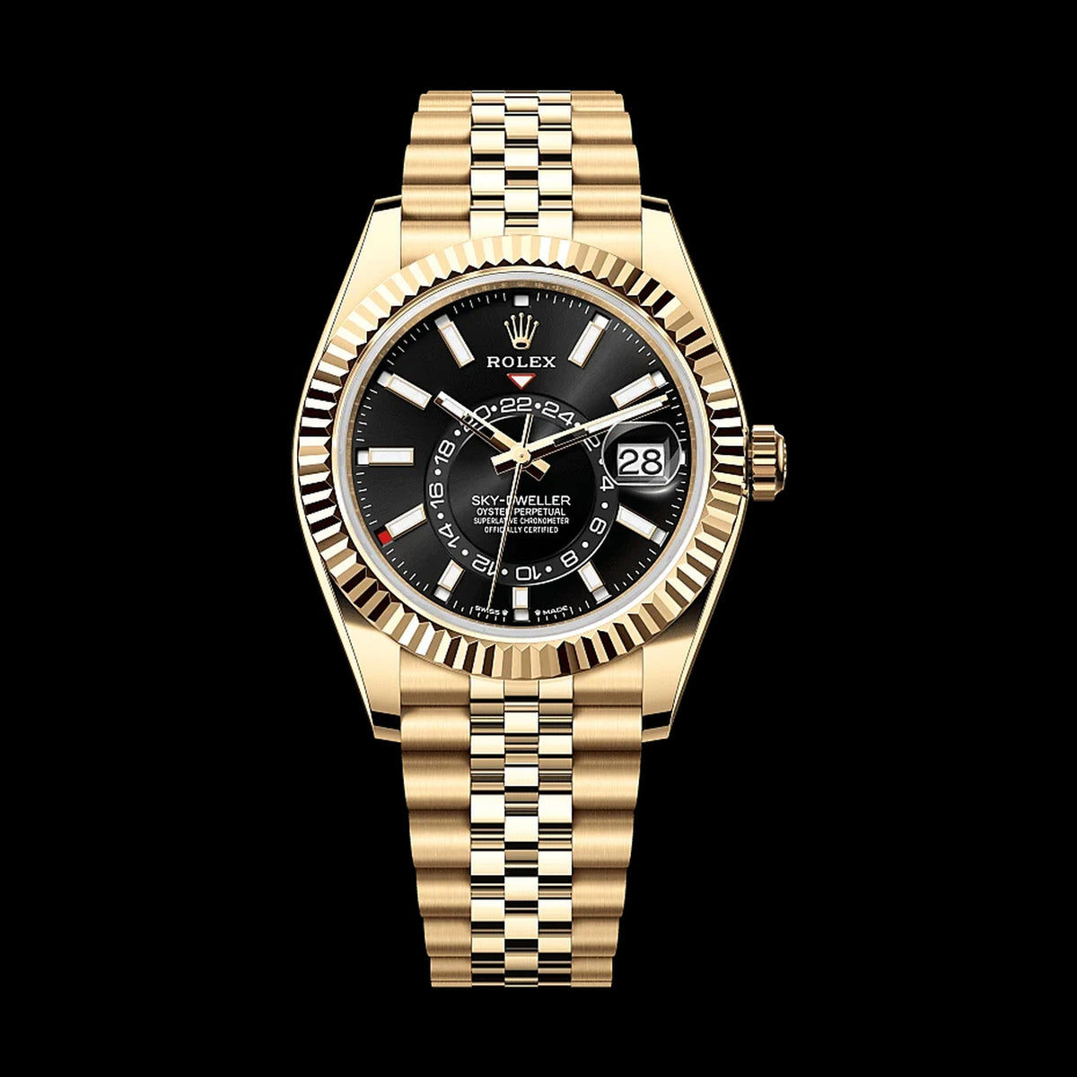 Rolex Sky-Dweller 336938: 18k Yellow Gold, Bright Black Dial, Jubilee Bracelet